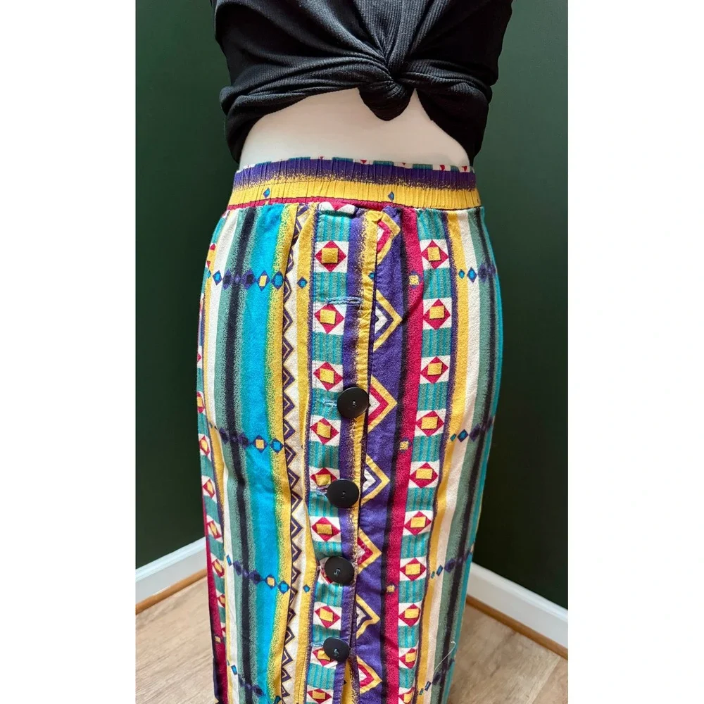 Vintage Button Front Colorful Print Elastic‎ Waist Midi Skirt